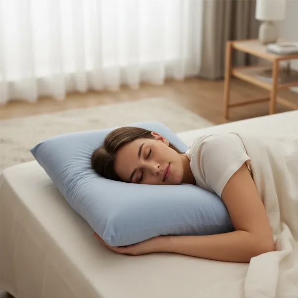 Person sleeping peacefully on a water pillow, demonstrating proper spinal alignment and neck pain relief