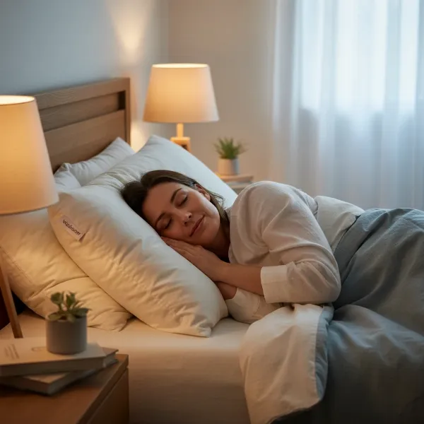 Person sleeping peacefully on Woolroom Deluxe wool pillow, demonstrating comfort and support.