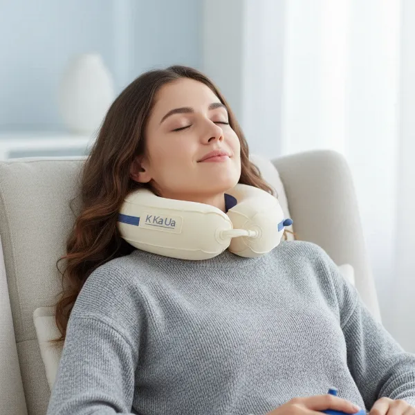 Person demonstrating proper use of K Ka Ua neck traction device