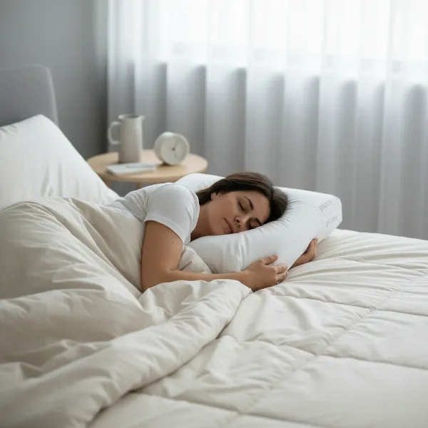Woman sleeping comfortably on her side on a custom Pluto Pillow, showing proper neck alignment.