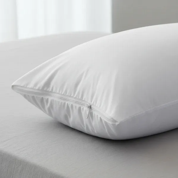 Pillow protected by a white, zippered bed bug-proof encasement for prevention.