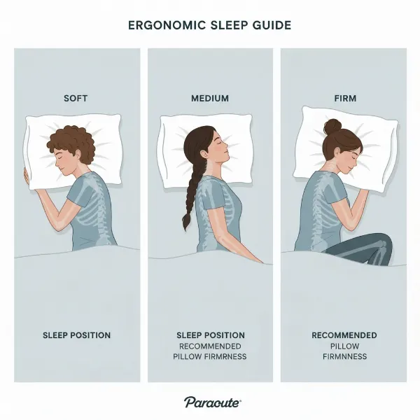 Illustration showing three different sleepers (stomach, back, side) with corresponding Parachute down pillows (soft, medium, firm) for optimal alignment.