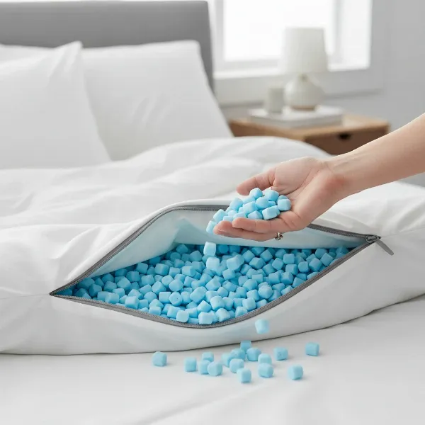 Close-up of open Simba Hybrid Pillow with foam nanocubes being adjusted for personalized comfort.
