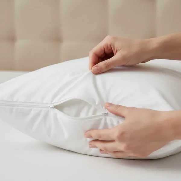 White zippered pillow protector being placed over a pillow.
