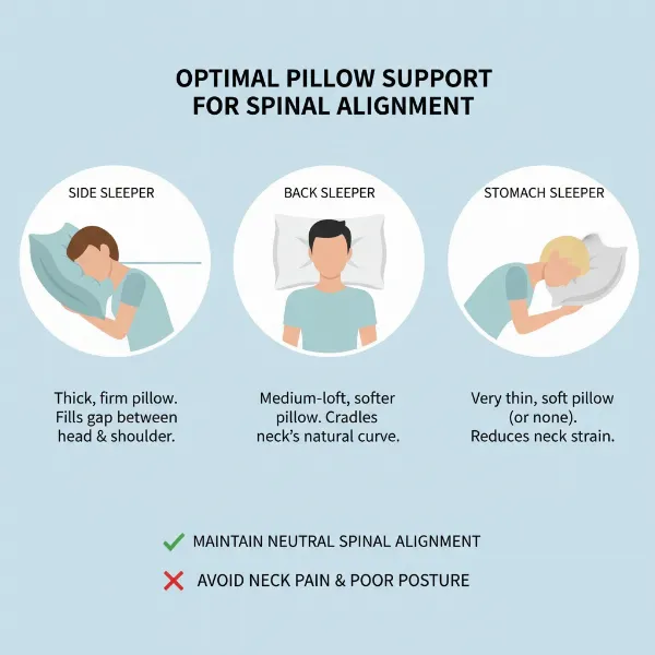 Visual guide illustrating different pillow types suitable for back, side, and stomach sleeping positions to support neck pain.