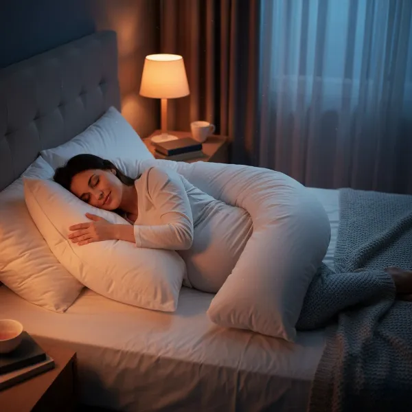 Pregnant woman side sleeping comfortably with a full body pillow supporting her back, belly, and knees.