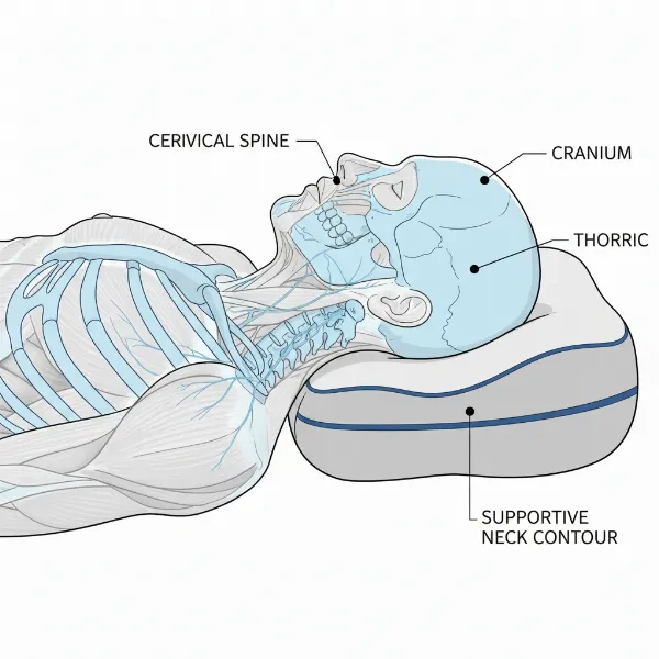 Illustration of proper neck and spinal alignment during sleep with a supportive pillow