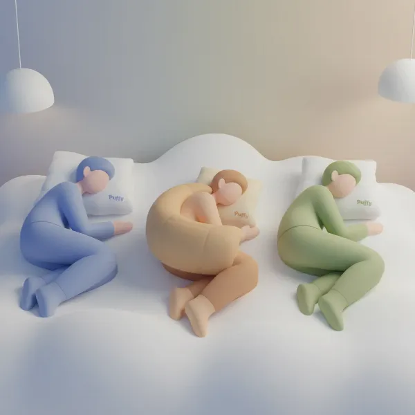 Three individuals demonstrating different sleep positions on a Puffy Pillow: back, side, and stomach