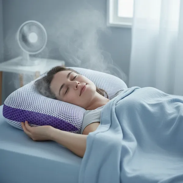 Person sleeping comfortably on Purple Harmony pillow, demonstrating excellent cooling and support for hot sleepers.