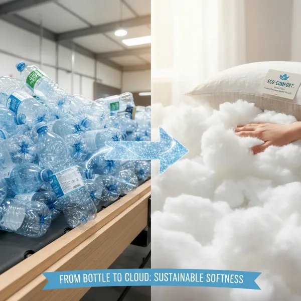 Fluffy, white recycled PET pillow fill, resembling a cloud, alongside discarded plastic bottles.