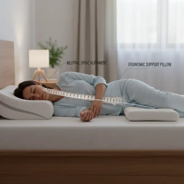 A person sleeping on their side with a pillow, illustrating correct spinal alignment for restful sleep.