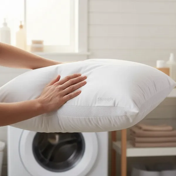Hands plumping a Silentnight Airmax pillow, emphasizing regular care and maintenance
