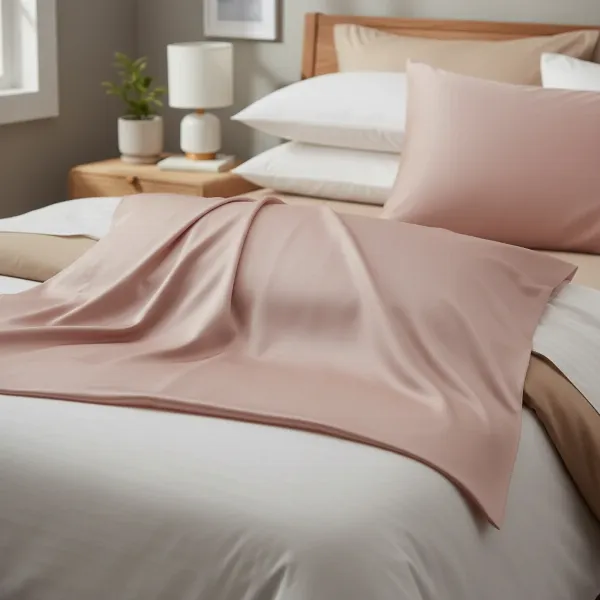 A luxurious silk pillowcase neatly placed on a bed, suggesting comfort and skin benefits.