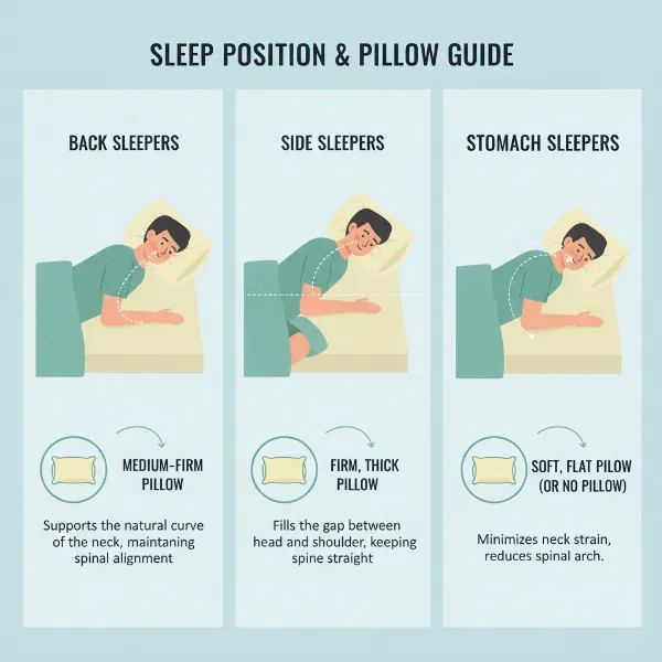 Illustrations of back, side, and stomach sleepers with recommended pillow types for each position.