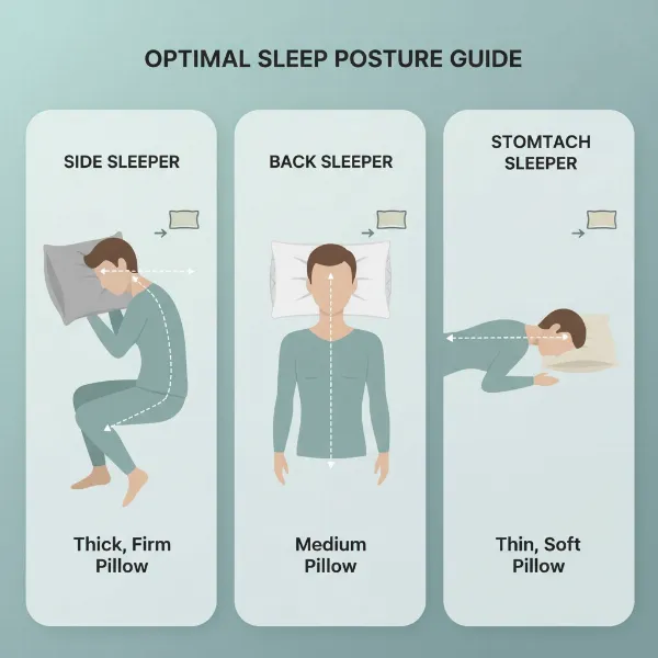 Illustrations of side, back, and stomach sleepers with ideal pillows for spinal alignment.