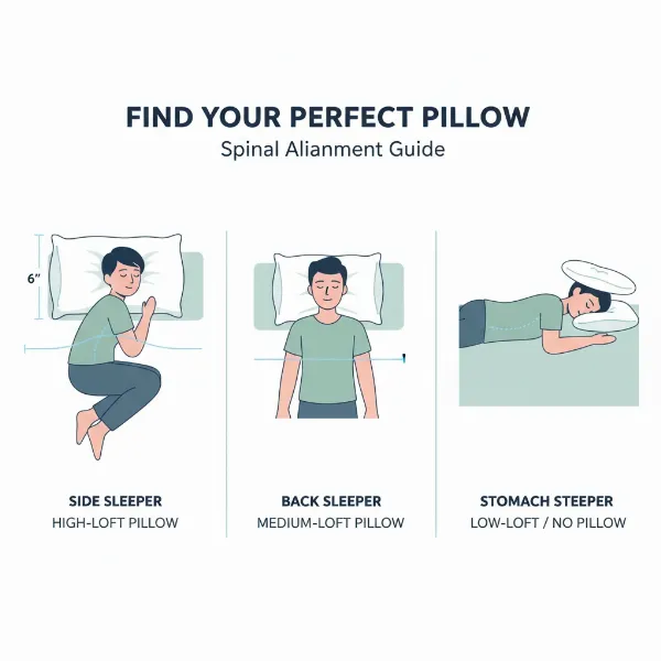Illustrations demonstrating optimal pillow placement for side, back, and stomach sleeping positions.