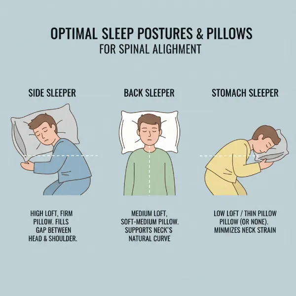 Illustration showing side, back, and stomach sleepers with appropriate pillow heights.