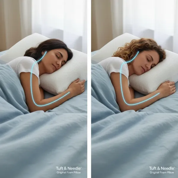 Illustrations of a back sleeper and a side sleeper using the Tuft & Needle pillow.