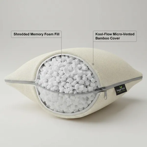 Close-up of a Snuggle-Pedic pillow showing shredded memory foam fill and bamboo cover.