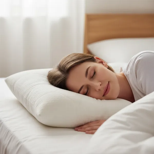 Close-up of a soft, compressible, low-loft pillow being used by a stomach sleeper.