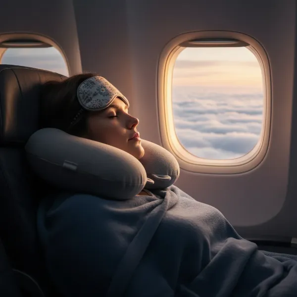 A traveler resting comfortably with a U-shaped travel pillow on a long flight, looking relaxed and peaceful.