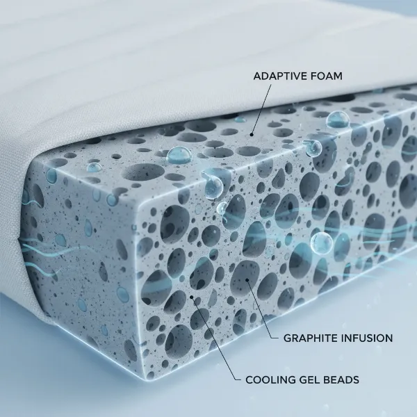Tuft & Needle Original Foam Pillow with visible cooling gel beads and graphite infusion.