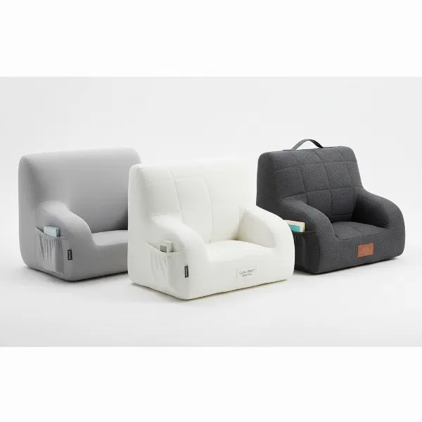 Assortment of husband pillows with different materials and features like pockets, handles.