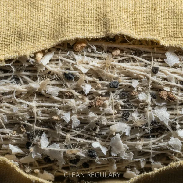 Close-up of a used pillow with microscopic dust mites and allergens, highlighting the need for washing.