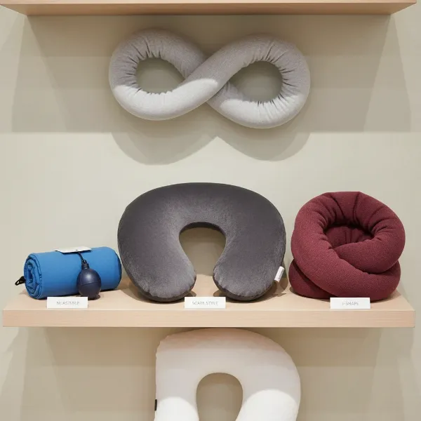 A clean display showcasing a variety of different travel pillow types, highlighting their unique shapes and designs for different travel needs.