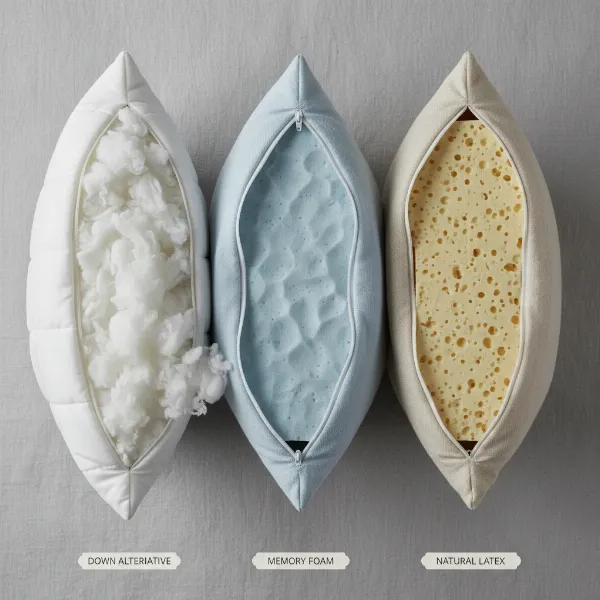 Close-up comparison of different pillow filling materials like down, memory foam, and latex.