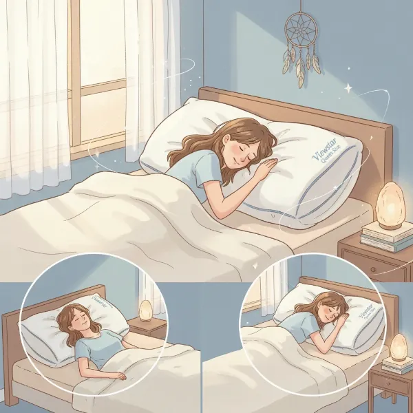 A person comfortably sleeping on a Viewstar pillow in different positions.