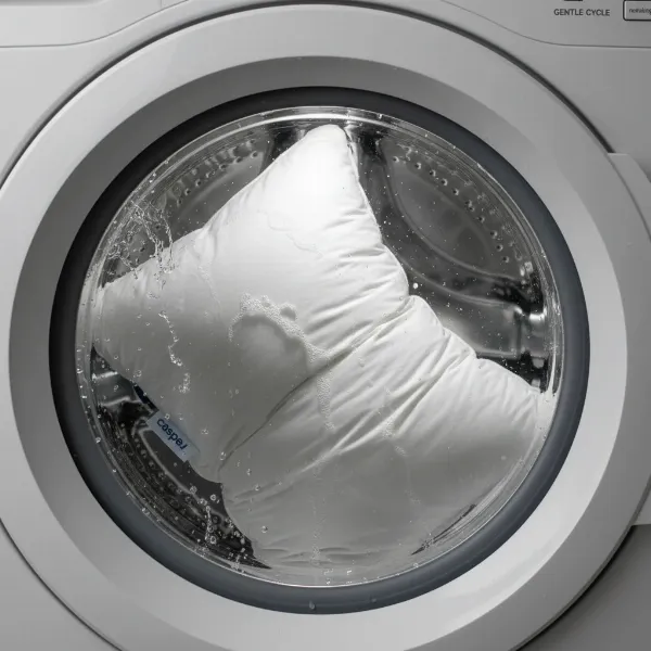 Casper Original Pillow being machine washed on a gentle cycle with mild detergent.