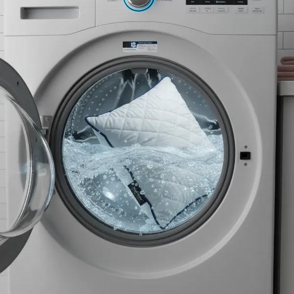 MyPillow Premium being washed in a washing machine, highlighting its easy care and hygiene.