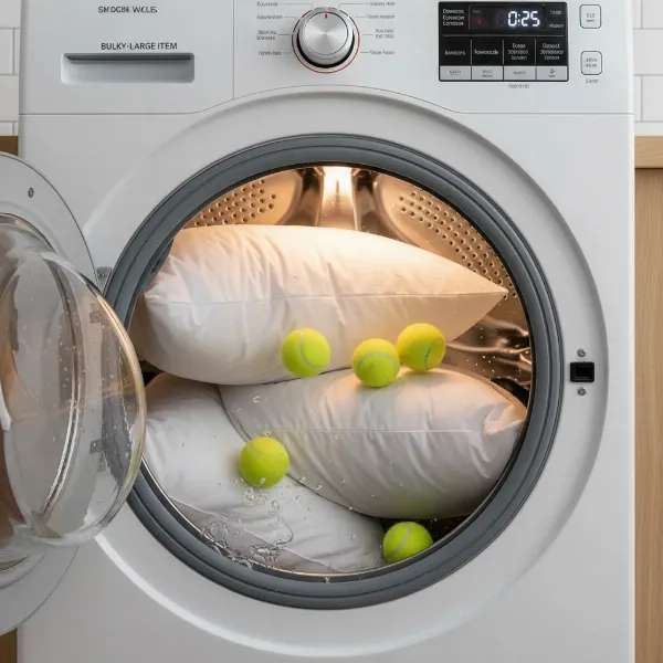 Pillows being machine washed with tennis balls in a dryer to fluff and dry them evenly
