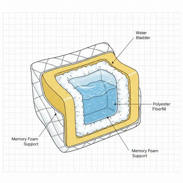 Cutaway view of a water pillow showing water chamber and cushioning layers for neck support