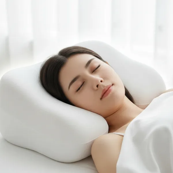 A woman sleeping peacefully on an anti-aging pillow, her face smooth and free of creases.