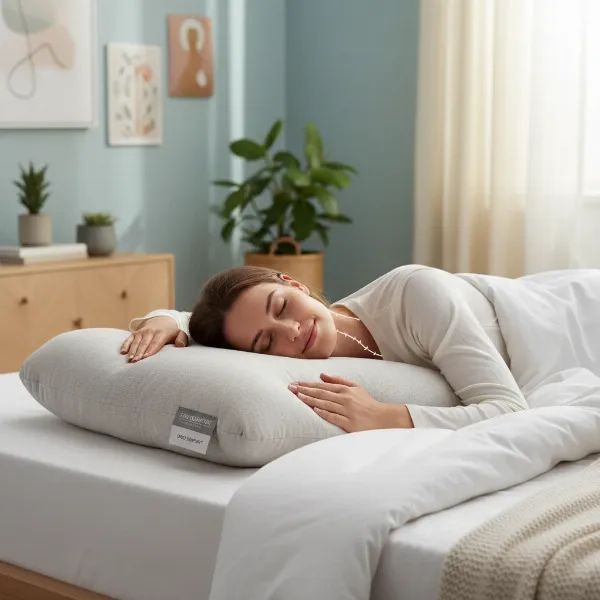 Woman lying on her back, testing a bed pillow for optimal neck and spinal alignment.